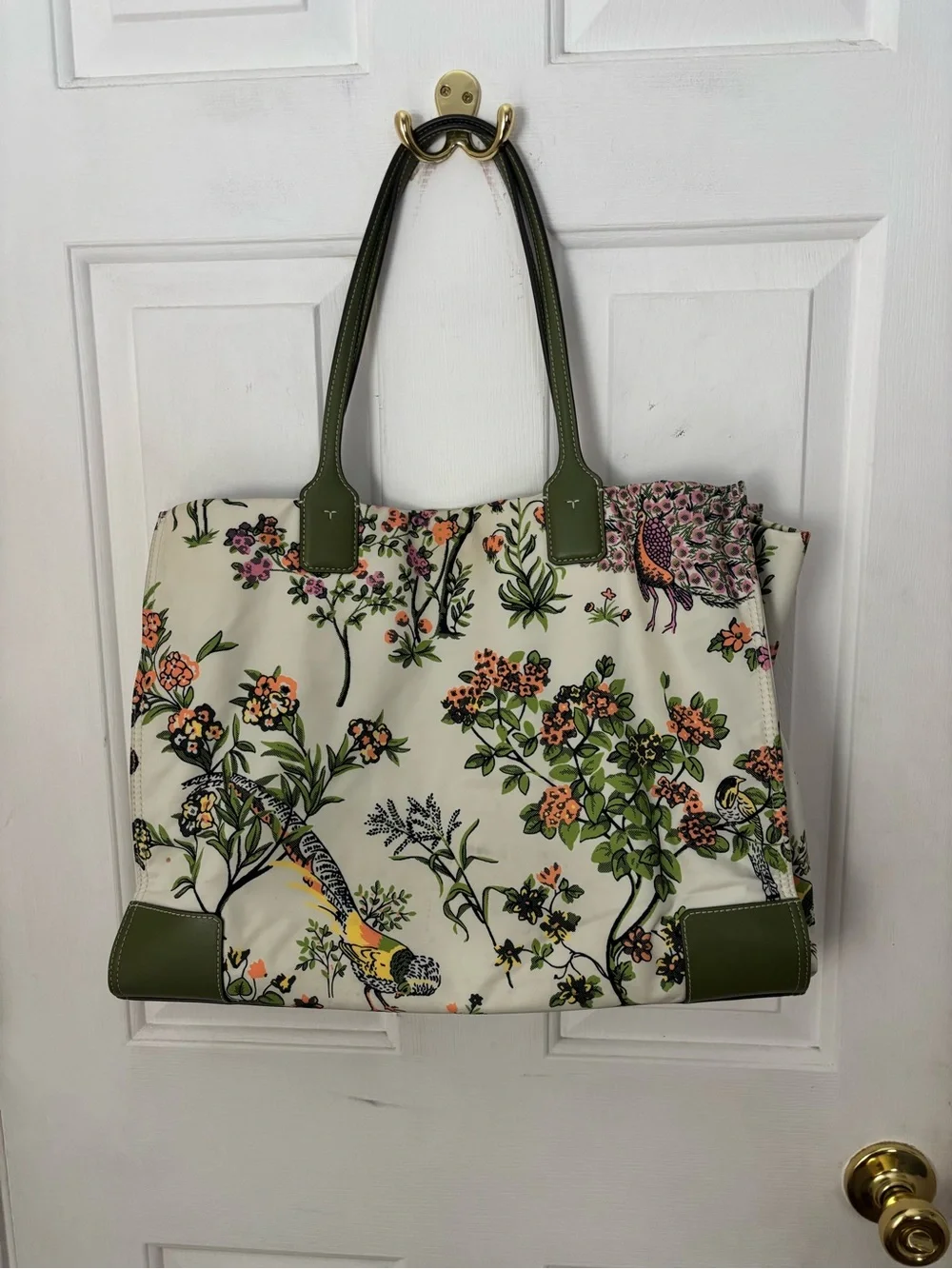 Tory Burch Ivory Floral Canvas Tote with Olive Green Trim